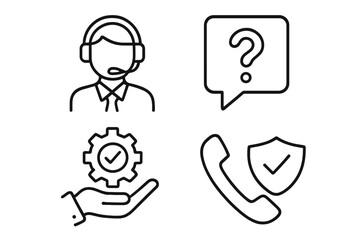 Customer service icon set. Call center operator with headset, help desk support, FAQ, and technical assistance. Thin line vector pictograms for web and apps. Editable stroke.