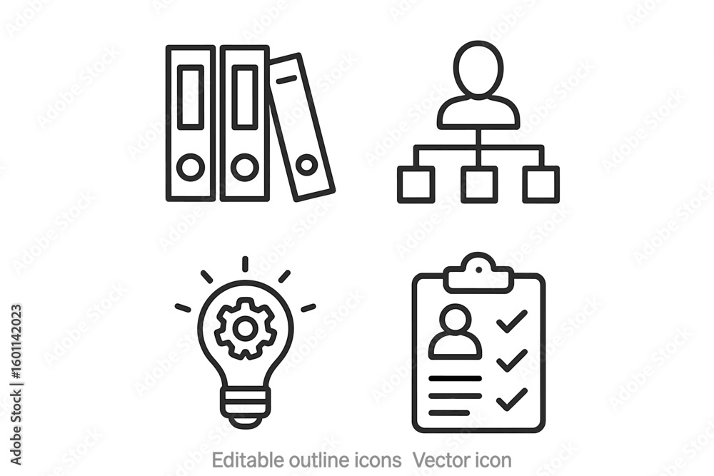 Poster business management line icon set. office organization, project workflow, and documentation symbols.