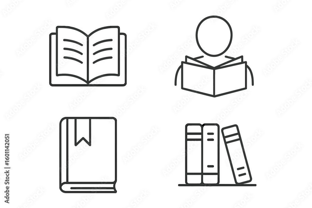 Poster book reading and library linear icons set. education and knowledge symbols. open book, reader, bookm