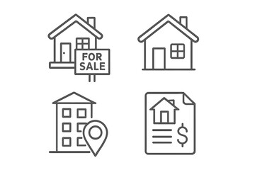 Fototapeta premium Real estate line icon set. Property investment and housing concepts. Vector symbols for mortgage, house for sale, home location, rental agreement, residential building.