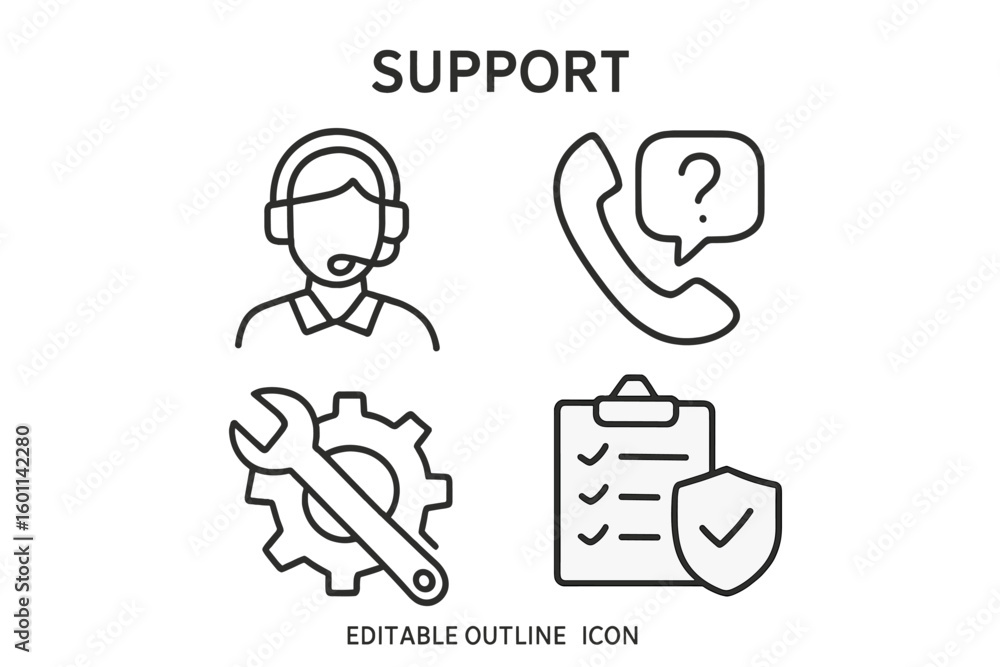 Aufkleber support icon set. customer service agent with headset. helpdesk, technical assistance with wrench an