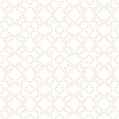 Vector golden minimalist linear ornament. Abstract gold and white geometric seamless pattern with outline floral silhouettes, grid, curved lines. Simple minimal background. Repeating modern texture