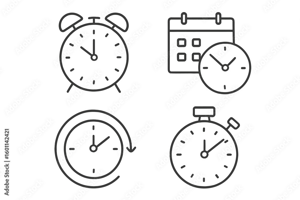 Poster time management icon set. clock, alarm, calendar schedule and stopwatch timer icons. vector linear i