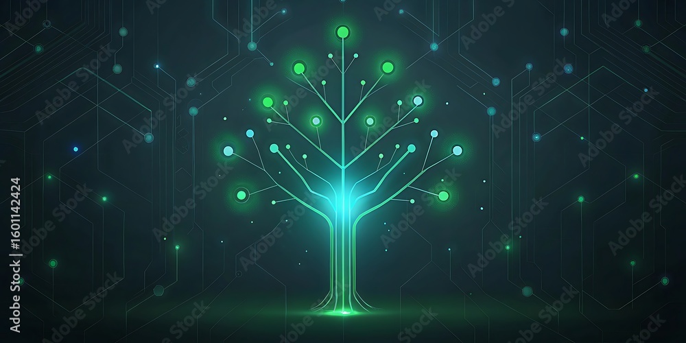 Poster a vibrant green and blue digital tree with glowing nodes and circuitry patterns forms against a dark