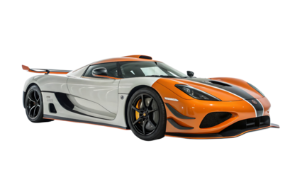 White and orange sports car with black accents isolated on a transparent background
