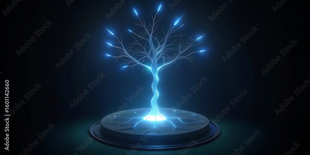 Poster an ethereal blue digital tree with illuminated branches rests on a circular platform radiating light