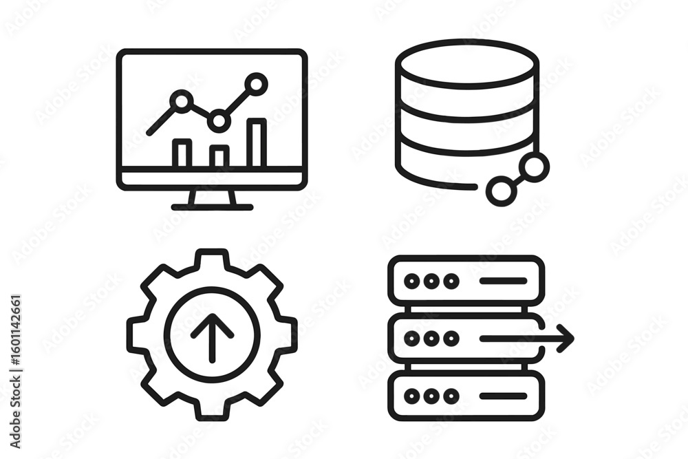 Fototapete Data analysis icon set. Thin line icons for big data processing, database storage and server optimization. Analytics graph, chart and statistics pictogram collection.