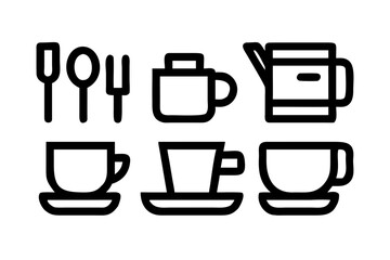 Collection of simple line art icons for kitchenware and tableware isolated on transparent background