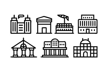 Fototapeta premium Collection of diverse building icons representing architecture and cityscapes isolated on transparent background