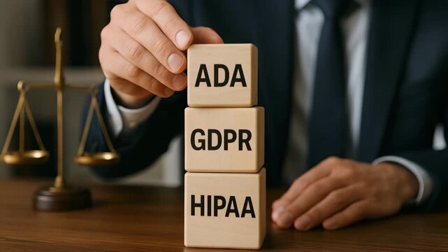 A lawyer builds a vertical stack of blocks reading hipaa, gdpr, and ada beside justice scales. Concept of multi‑regulation compliance and data protection responsibility.