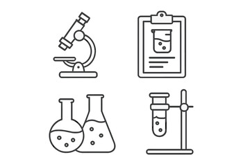 Obraz premium Science and chemistry research icon set. Linear style vector icons for laboratory, medical analysis, and education. Includes microscope, test tube, flask, and results.