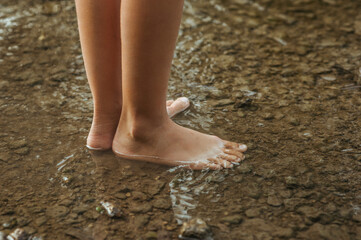 Close up photo of woman's legs in the water. Barefoot in water of lake reservoir, lake embankment. Space for text