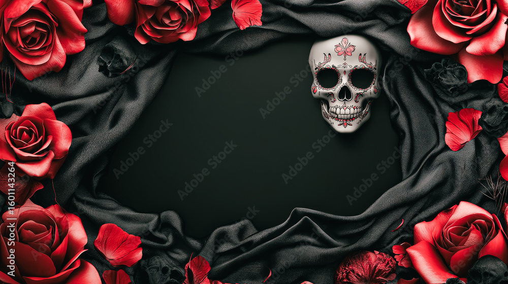 Poster skull is placed in the center of a black background with red roses surrounding it. the image has a d
