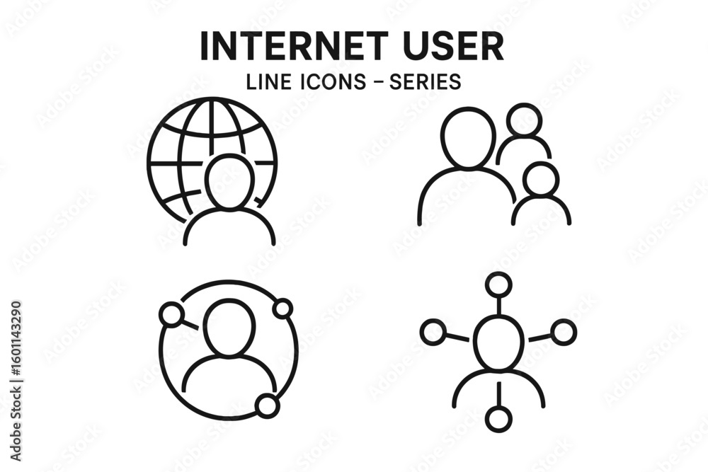 Poster internet user line icon set. global social network user pictograms. conceptual linear symbols for we