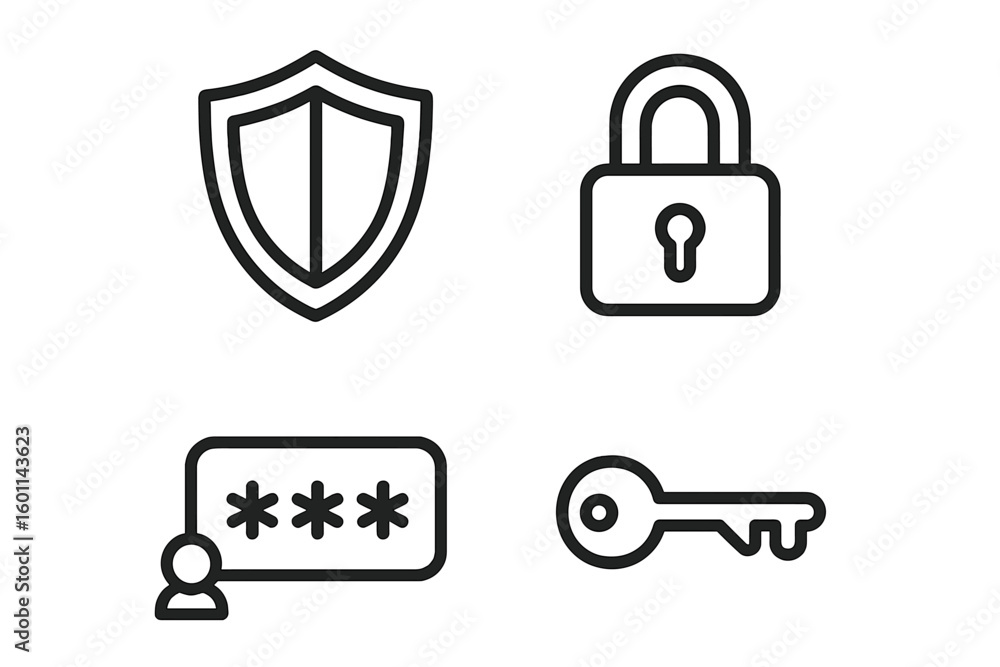Poster security line icon set. cybersecurity and data protection concept. vector symbols of shield, lock, p