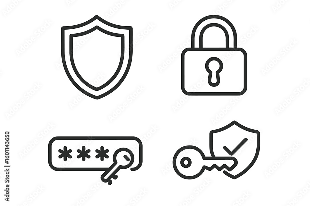 Poster security and data protection line icon collection. cybersecurity concept with shield, lock, password