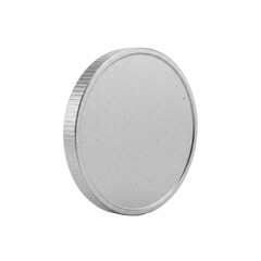 Pristine silver cardboard coin token with matte metallic sheen, circular and unadorned, on seamless transparent studio background with diffuse lighting, 3/4 view, ultra-realistic product photography