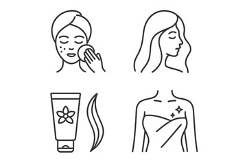 Beauty and spa line icon set. Skincare, face cleansing, hair care, and body treatment symbols. Vector outline pictogram collection for cosmetics, salon, and wellness.