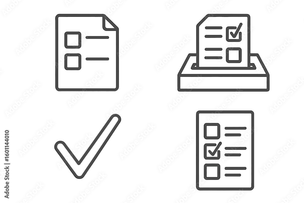 Poster survey, poll, and voting icon set. questionnaire and election sheet with checkmark. ballot box and c