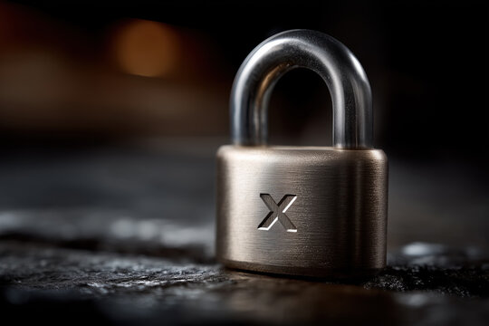 Close-up of a metal padlock with an X on a textured surface. A macro shot suggesting security and access. Data protection, digital safety, secure system.