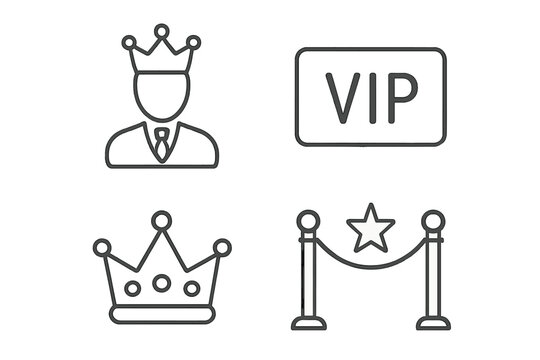 VIP line icon set. Very important person, royalty, and exclusivity concept. Vector illustration with crown, celebrity star, exclusive event access pass. Thin linear outline pictogram.