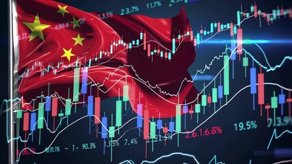 Chinese flag waving over stock market charts with fluctuating values, suggesting economic trends and market analysis related to china's financial performance - Powered by Adobe