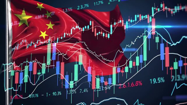 Chinese flag waving over stock market charts with fluctuating values, suggesting economic trends and market analysis related to china's financial performance