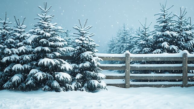 Snowy winter scene with evergreen trees and a wooden fence.