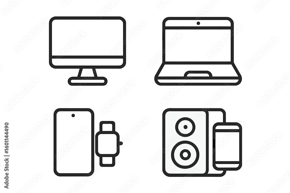Aufkleber tech device line icon set. collection of electronic gadgets in linear style. computer, laptop, phone
