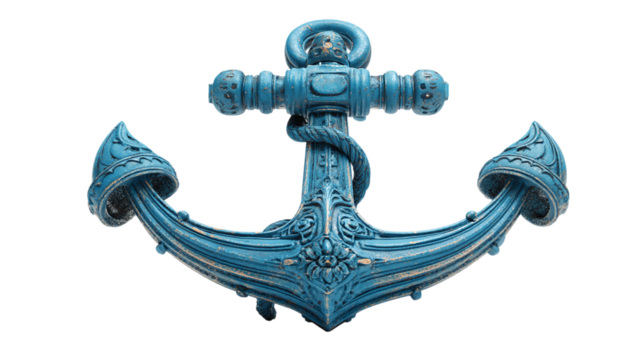 Blue nautical anchor icon in toy-like 3D render. Isolated on transparent background 