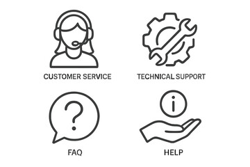 Customer service and technical support line icon set. Vector outline collection for website and app. Includes help, FAQ, assistance, and call center operator symbols.