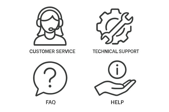 Customer service and technical support line icon set. Vector outline collection for website and app. Includes help, FAQ, assistance, and call center operator symbols.