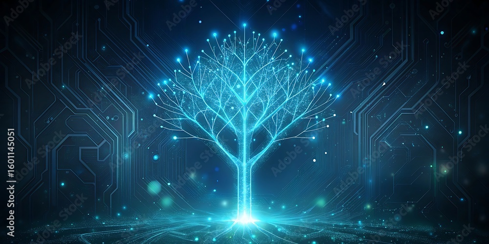 Poster a luminous blue digital tree composed of intricate circuits and glowing particles radiates light aga