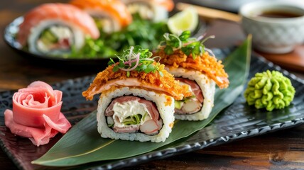 Sushi sandwich with crispy fried chicken. And the Shoyo sauce. Sushi is served on a black stone plate.