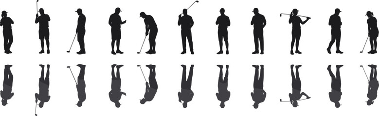 Golfers silhouette with reflection, outdoor activity, sports pose, golf club movement, black white contrast, sereneGolfers silhouette with reflection, outdoor 
