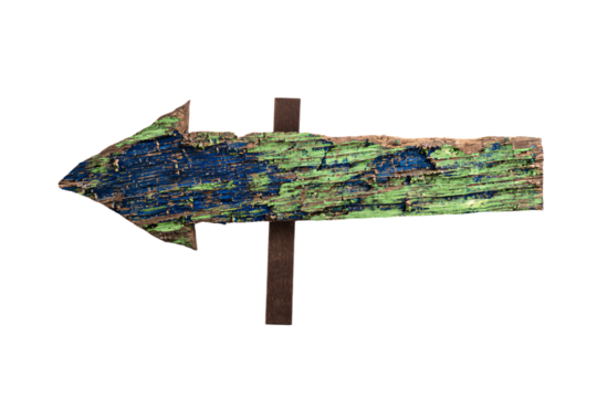 a wooden arrow sign with a painted green and blue arrow