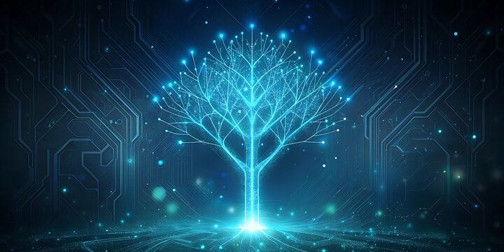 A luminous blue digital tree composed of intricate circuits and glowing particles radiates light against a dark complex technological.