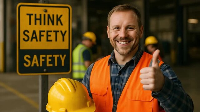 A smiling construction worker gives a thumbs up beside a think safety sign and hard hat. Concept of workplace safety awareness and positive compliance. - Powered by Adobe
