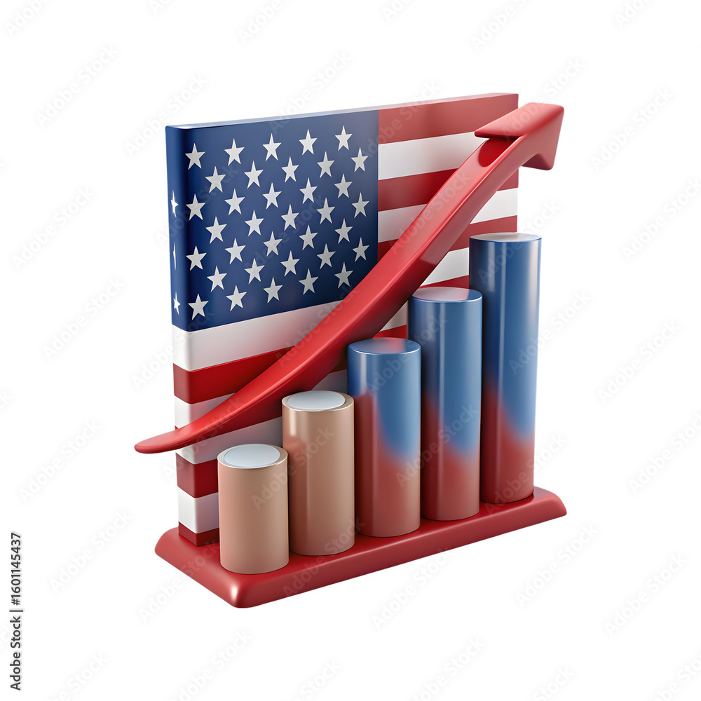 Poster american flag with rising bar graph and arrow isolated on transparent background