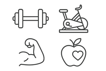 Gym and fitness line icon set. Healthy lifestyle concept with dumbbell, exercise bike, muscle arm, and healthy food apple. Vector outline pictograms for sport and health.