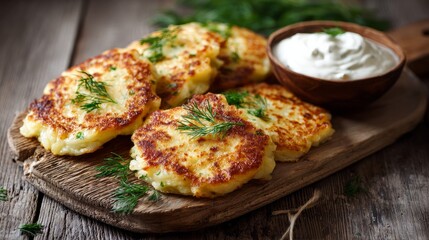 Wooden table featuring golden potato pancakes with a side of dipping sauce