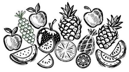 Hand-drawn Sketch of Assorted Fruits: Apples, Pineapples, Watermelon, Grapes, and Oranges
