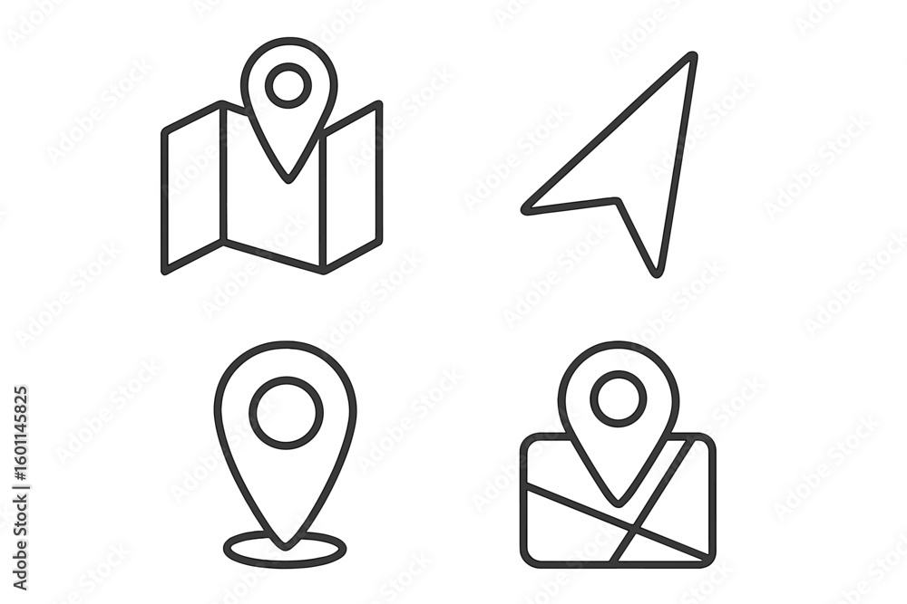 Poster set of navigation and location vector icons. map pin, pointer, destination marker, and gps route sym