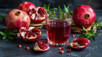 A glass of freshly squeezed pomegranate juice surrounded by pomegranate fruits. An advertising photo with a place for the text.