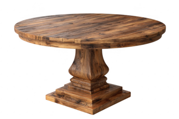 Rustic round wooden pedestal dining table isolated on transparent background