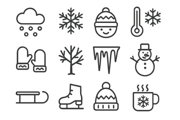 Winter line icon set. Snow, snowflake, cold, frost, icicle, snowman vector icons. Outline pictogram collection for weather forecast, christmas holiday and season.
