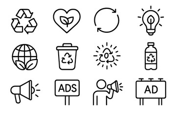 Recycling and advertising icon set for eco marketing campaigns. Thin line vector symbols for sustainability, green promotion, environment, and conservation concepts.