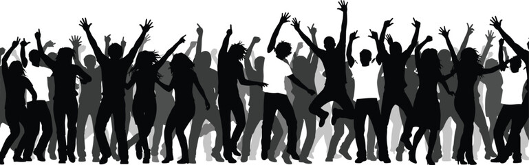 Silhouette of dancing crowd, raised hands celebration, party atmosphere, energetic movement, fun night, lively musicSilhouette of dancing crowd, raised hands 