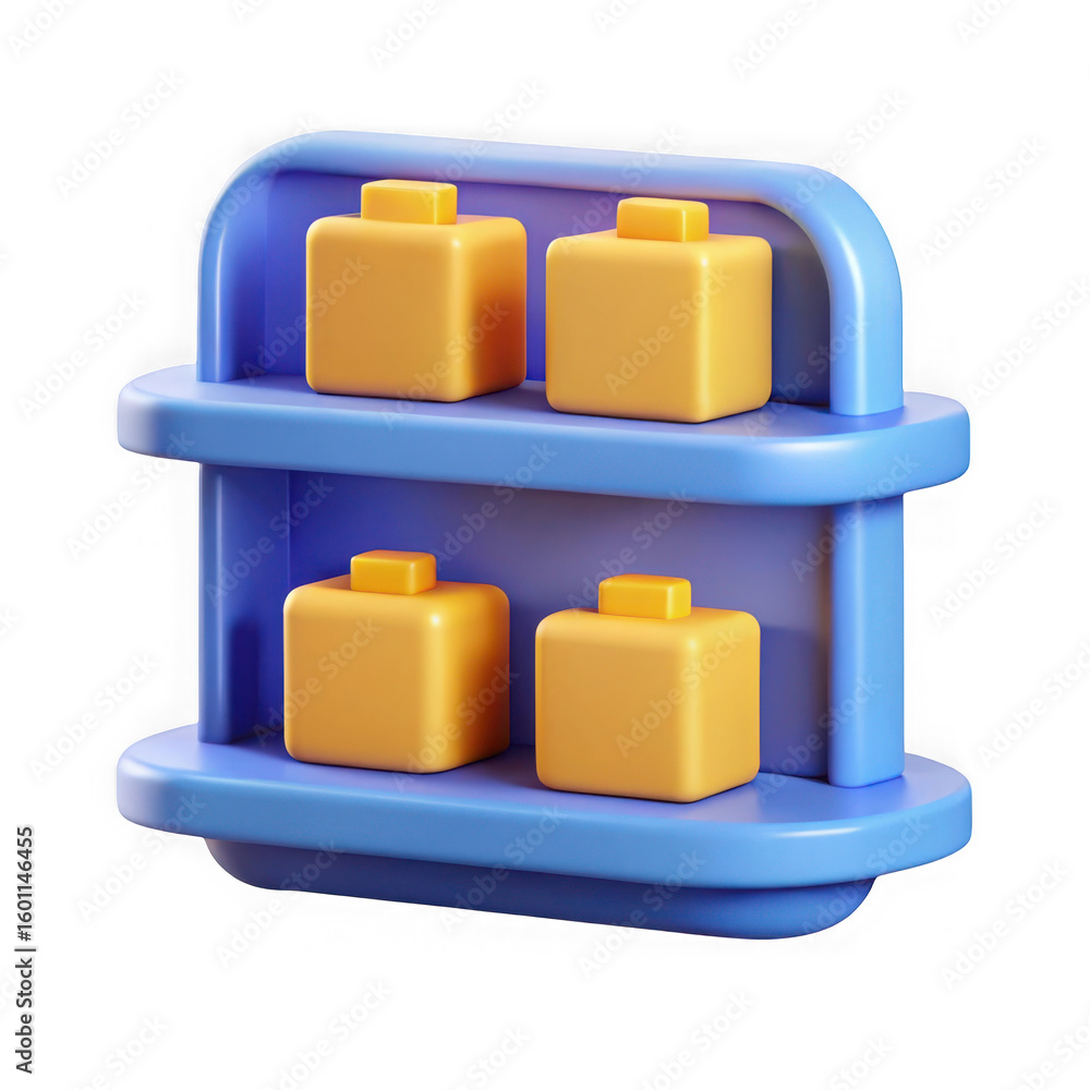 Poster cute 3d render of a blue shelf with four yellow square objects isolated on transparent background