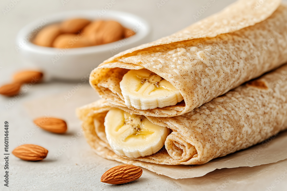 Poster banana-filled wraps are stacked with almonds in the background and foreground. lightly speckled wrap